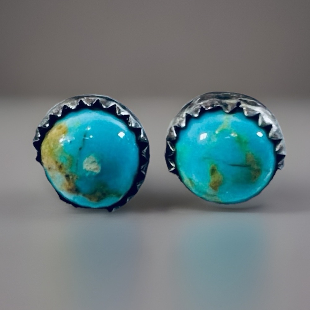 Vintage, Aged Silver And Turquoise Pierced Stud Earrings